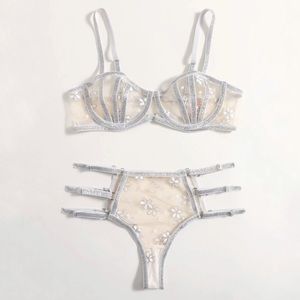 New small Silver & White Strappy Bra & Panties Lingerie Set